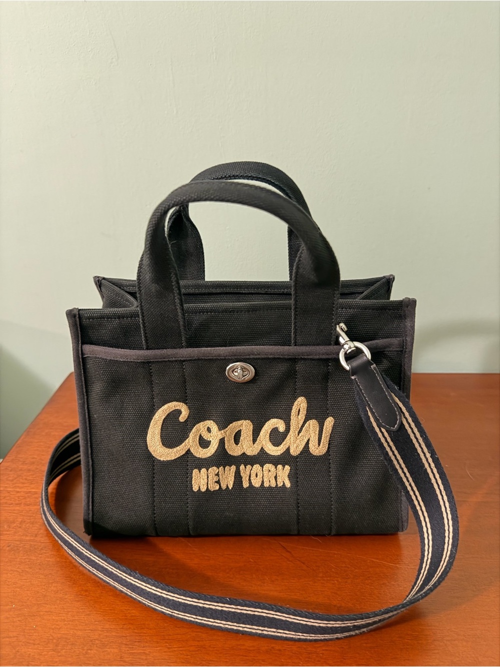 Coach Black Canvas Crossbody Tote with Gold Logo Embroidery